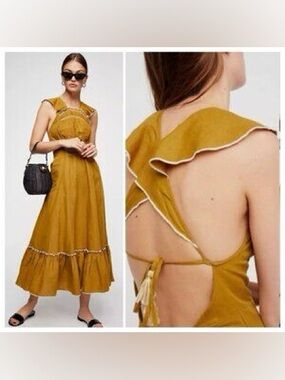 Free People Anika Maxi Dress.  Mustard Yellow Linen Blend